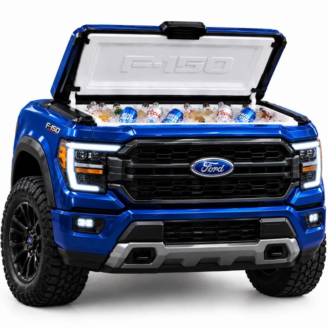 Ford F-150 · Blue truck-front cooler with hood-style lid open, shown with drinks and ice as props.